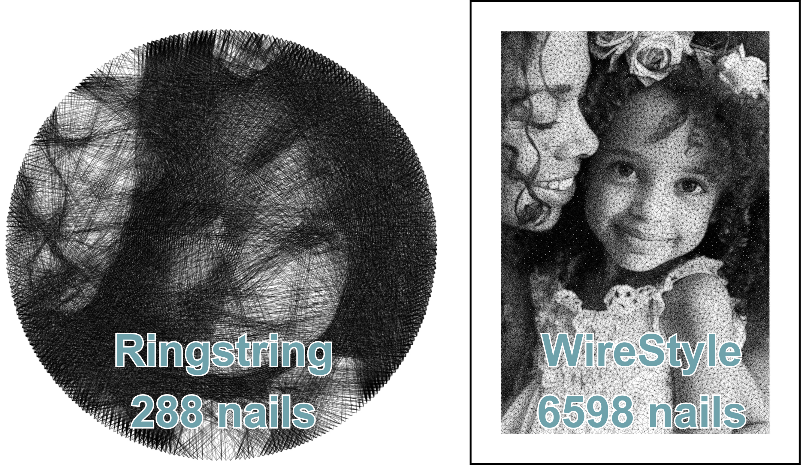 Comparison of a RingString picture and a String Art picture from WireStyle